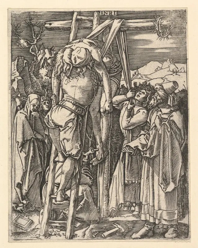 The Descent from the Cross; Christ being taken from the cross, St John supports weight with cloth rope, from "The Passion of Christ", after Dürer