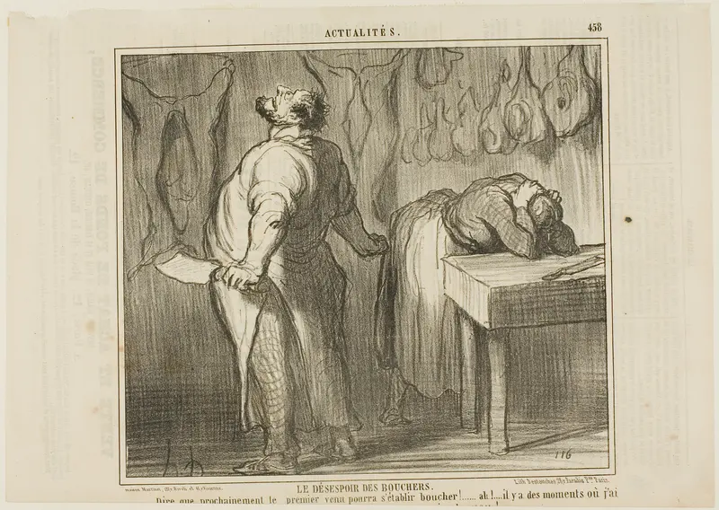 The Despair of the Butcher. “- Just imagine: Anybody can establish himself as a butcher! Ah! There are moments when I feel like taking my meat chopper and cutting myself in two halves like a simple veal,” plate 458 from Actualités