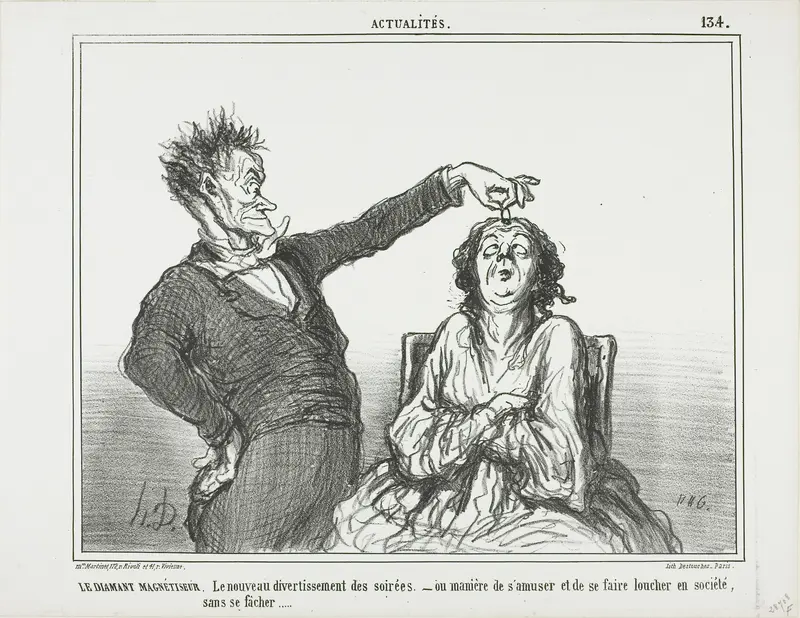 The Diamond Hypnotist. A new pastime at evening parties - or how to have fun and get someone to squint, without getting into trouble, plate 134 from Actualités