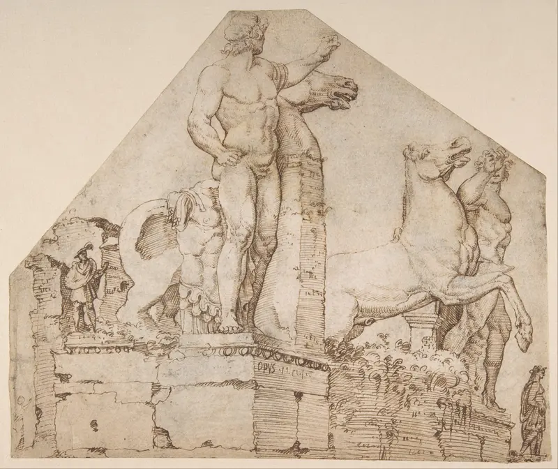 The Dioscuri on Monte Cavallo (recto); Study of a Spiral Staircase (verso) Wall Art by Maarten van Heemskerck - High-Resolution Digital Print