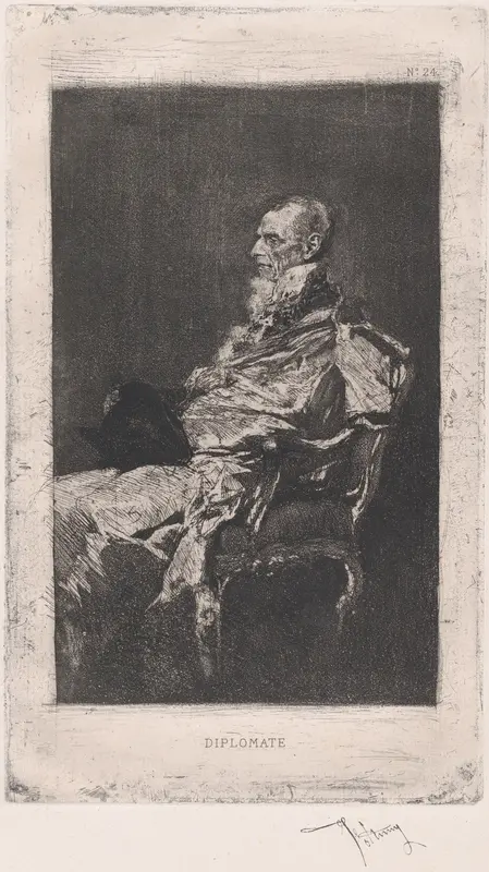 The Diplomat, man seated holding hat facing left Wall Art by Mariano Fortuny, 1838–1874 - High-Resolution Digital Print