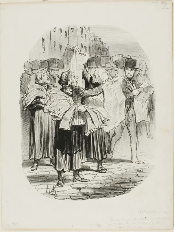 The Disadvantage of Buying a Newspaper That is Publishing the News Twelve Hours Before the others. “- How come I buy your paper and cannot find the news of today? - Sir, today's news was in yesterday's paper,” plate 139 from Actualités