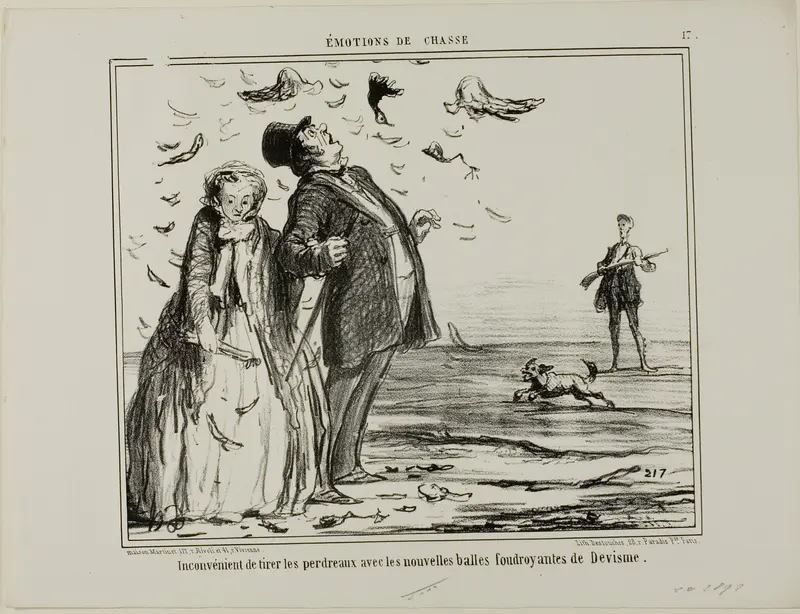 The disadvantage of shooting at young partridges with the new explosive bullets of Devisme, plate 17 from Émotions De Chasse