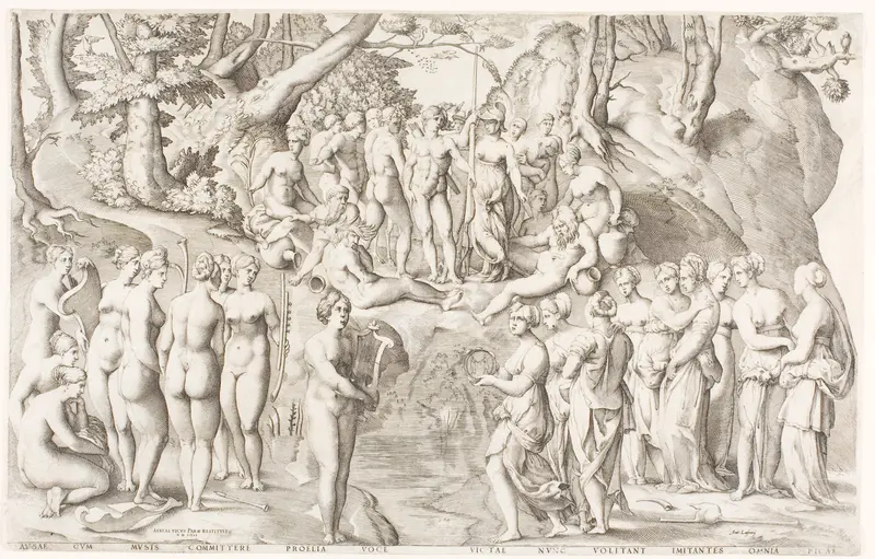 The Dispute between the Muses and the Daughters of Pierios on Parnassus Wall Art by Enea Vico - High-Resolution Digital Print