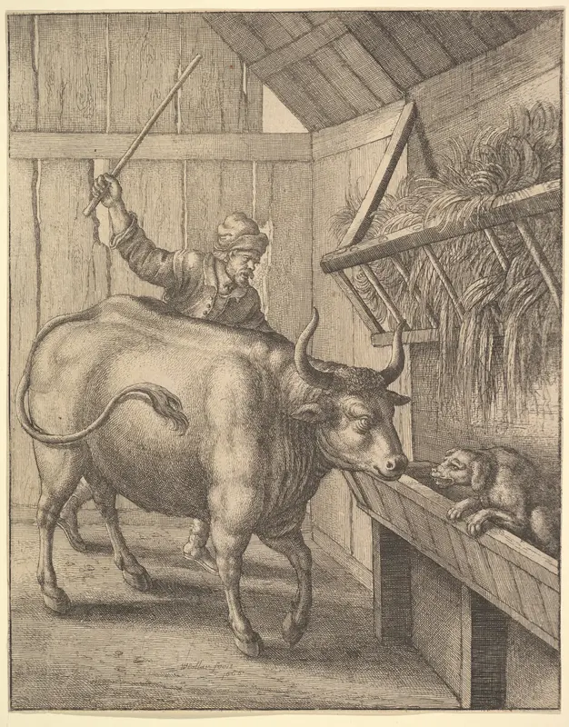 The Dog in the Manger (from John Ogilby, "Aesopics or a Second Colllection of Fables," 1668) Wall Art by Wenceslaus Hollar - High-Resolution Digital Print