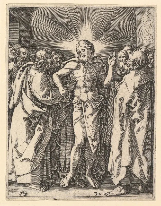 The Doubting Thomas; Christ among his disciples, Saint Thomas touching Christ's wound, from "The Passion of Christ", after Dürer