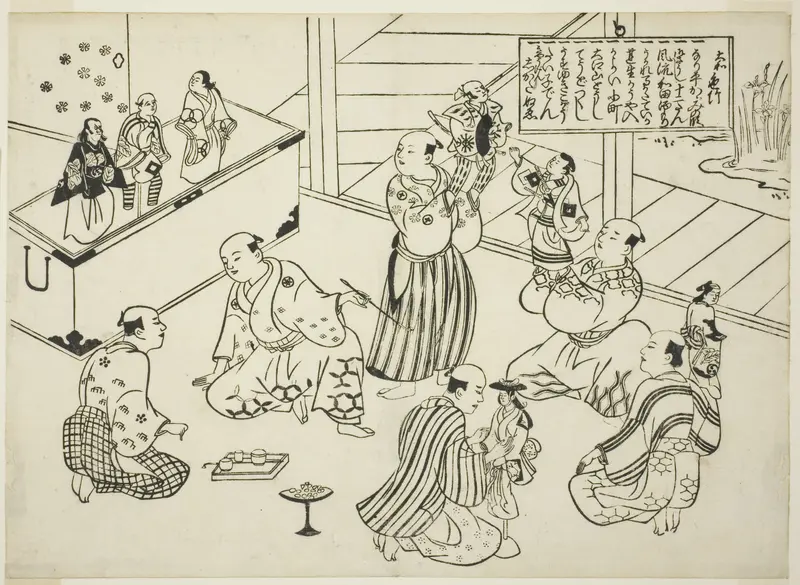 The Dressing Room of a Puppet Theater, the table of contents from the series "Famous Scenes from Japanese Puppet Plays (Yamato irotake)"