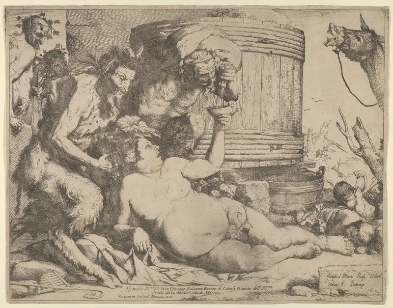 The Drunken Silenus holding a cup aloft into which a Satyr pours wine Wall Art by Jusepe de Ribera (called Lo Spagnoletto) - High-Resolution Digital Print