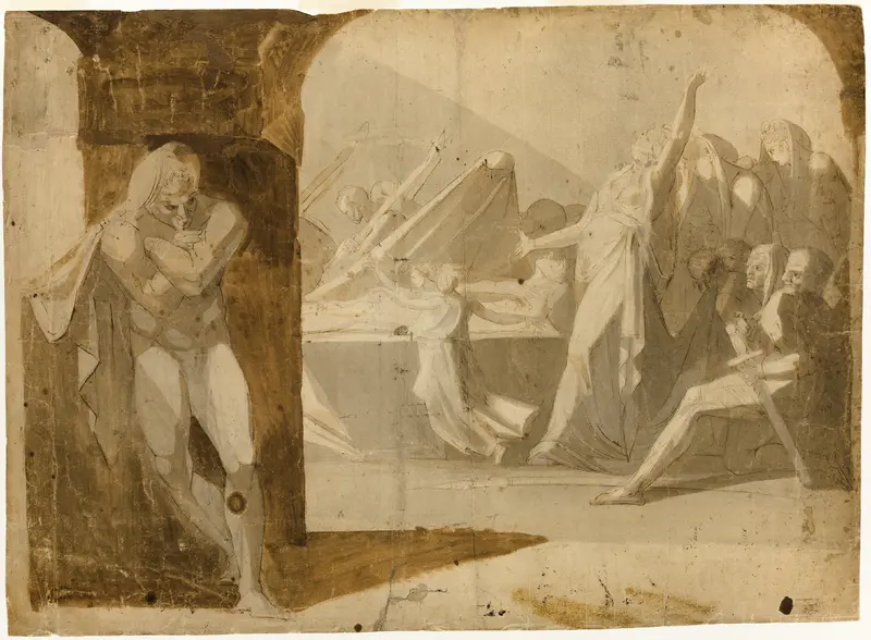 The Duke of Gloucester Lying in Wait for Lady Anne at the Funeral Procession of Her Father-in-law, King Henry VI (recto); Standing Male Nude, Leaning Forward (verso) Wall Art by Henry Fuseli - High-Resolution Digital Print