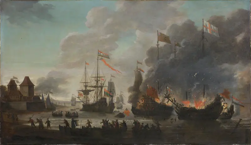 The Dutch Burning English Ships during the Dutch Raid on the Medway, 20 June 1667 Wall Art by Jan van Leyden - High-Resolution Digital Print