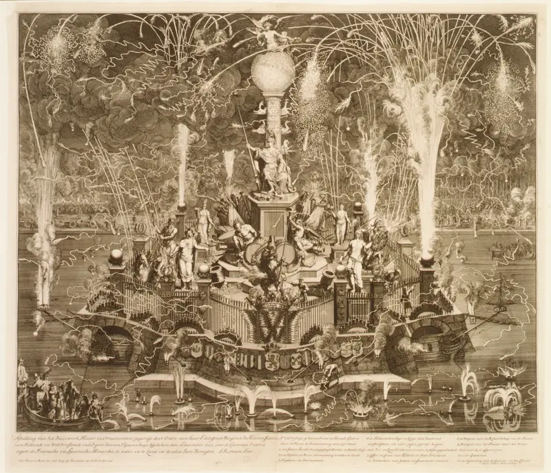 The Dutch Victory over the French and Spanish at Vigo Bay: Fireworks in the Hague, December 13, 1702 Wall Art by Jan van Vianen - High-Resolution Digital Print
