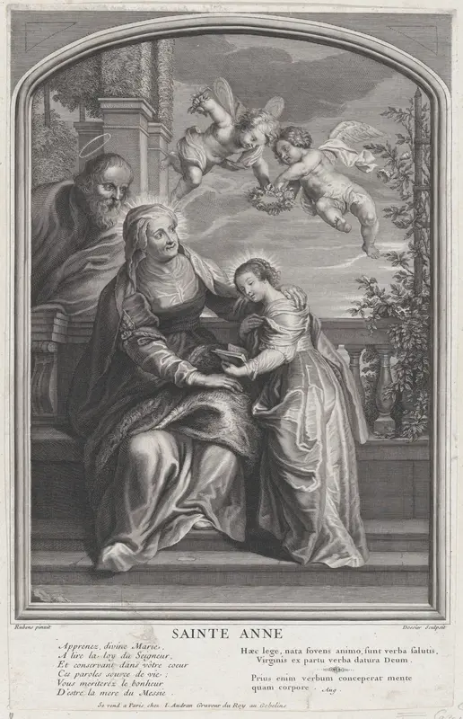 The education of the Virgin, with Saint Anne and the Virgin Mary reading with two putti overhead and Saint Joachim behind them at left Wall Art by Michel Dossier - High-Resolution Digital Print