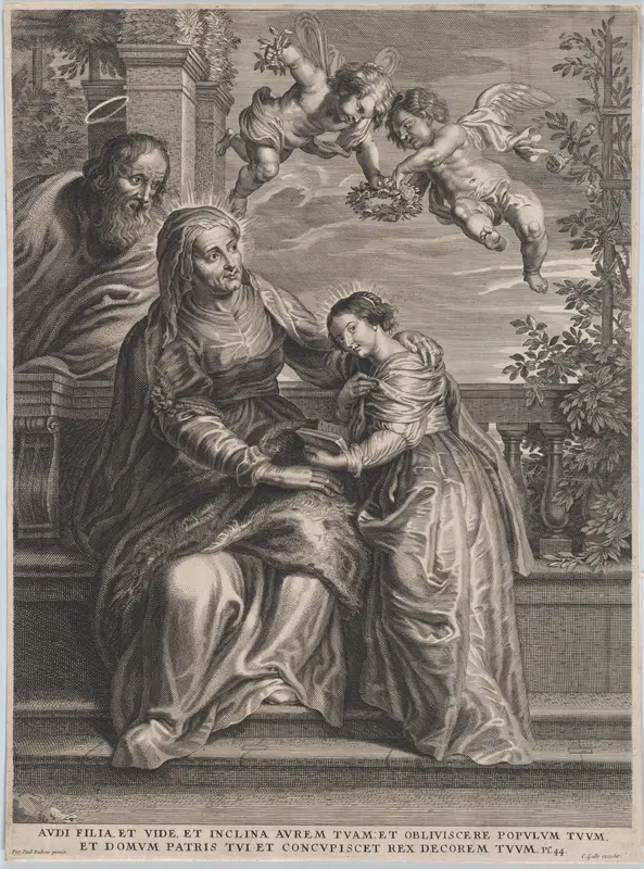 The education of the Virgin, with Saint Anne and the Virgin Mary reading with two putti overhead and Saint Joachim behind them at left Wall Art by Anonymous - High-Resolution Digital Print