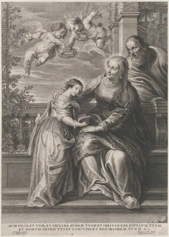 The education of the Virgin, with Saint Anne and the Virgin Mary reading with two putti overhead and Saint Joachim behind them at right Wall Art by Schelte Adams à Bolswert - High-Resolution Digital Print