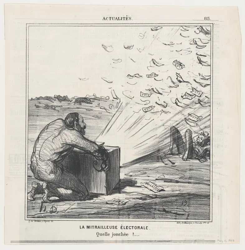 The electoral machine gun. What a strewing of flowers., from 'News of the day,' published in Le Charivari, May 11, 1869 Wall Art by Honoré Daumier - High-Resolution Digital Print