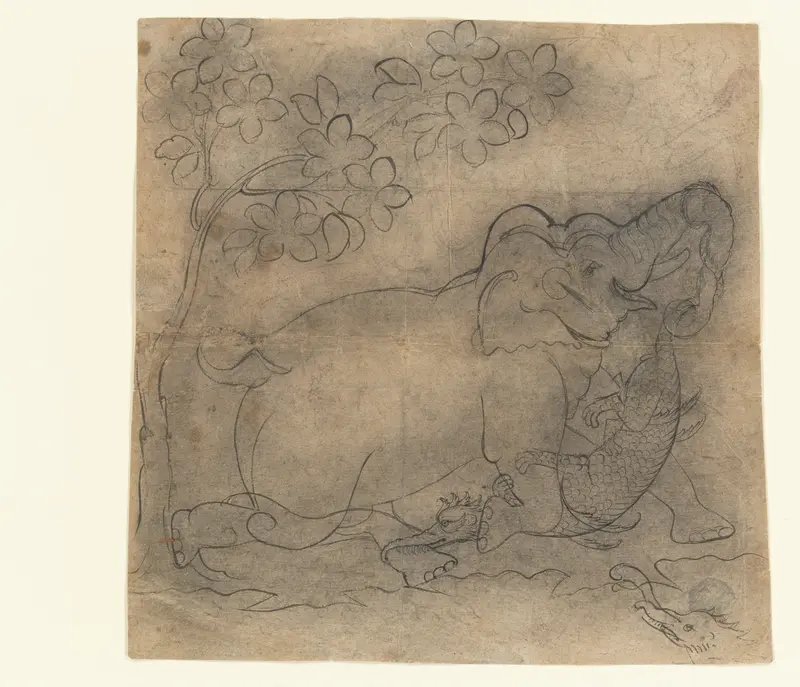 The Elephant King Wrestles a Crocodile: Illustration from a Gajendramoksha Series Wall Art by Unknown - High-Resolution Digital Print