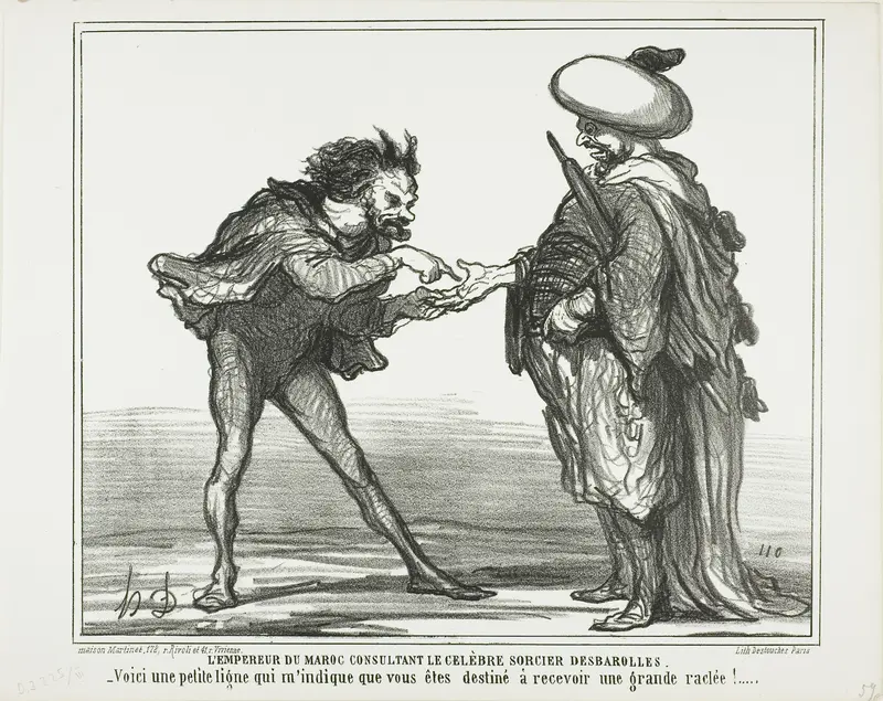 The Emperor of Morocco in Consultation With the Famous Magician Desbarolles. “- This small line here indicates to me that you are going to get a royal thrashing!,” plate 126 from Actualités