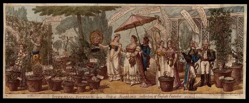 The Empress Josephine walking with her retinue in a garden of labelled potted plants which include animated likenesses of prominent figures Wall Art by Charles Williams - High-Resolution Digital Print