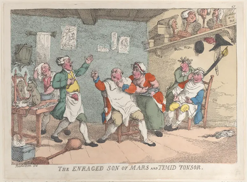 The Enraged Son of Mars and Timid Tonsor Wall Art by Thomas Rowlandson - High-Resolution Digital Print