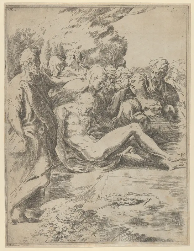 The Entombment; Christ with legs outstretched, the Virgin at right Wall Art by Guido Reni - High-Resolution Digital Print