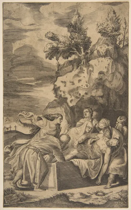 The entombment of Christ, the crosses on Calvary visble in left background Wall Art by Giulio Bonasone - High-Resolution Digital Print