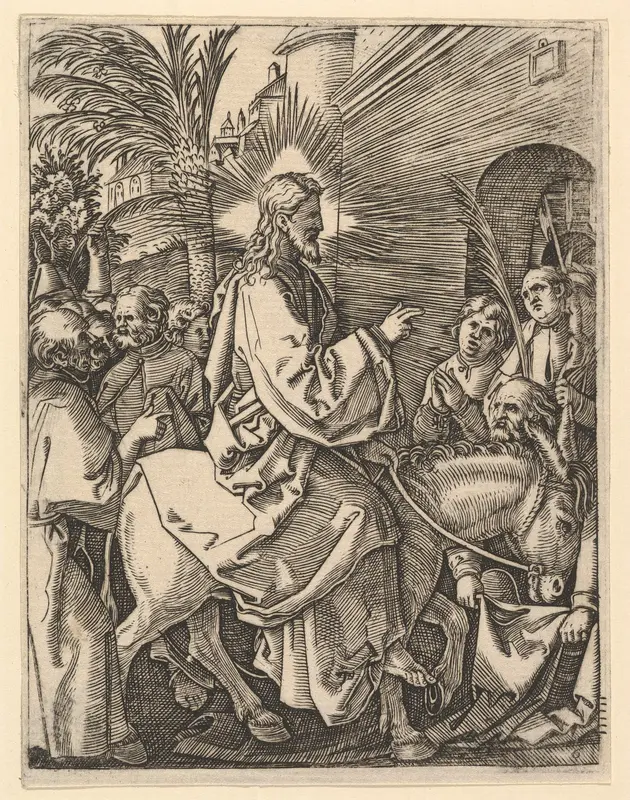 The Entry into Jerusalem;  Christ riding on a donkey towards an arched city gate; an elderly man spreads out his cloak on the road, from "The Passion of Christ", after Dürer