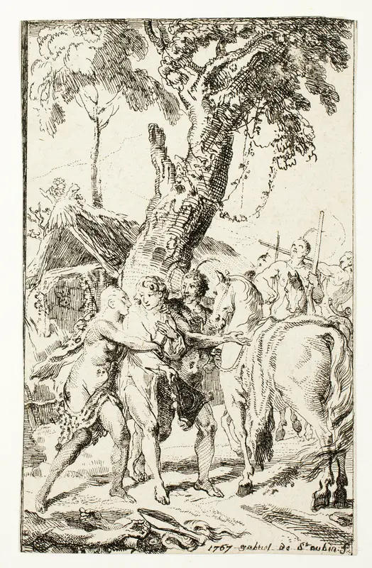 The Escape of M. de Belle-Isle, Prisoner in the Attakapas, plate four from Les Nouveaux Voyages aux Indes Occidentales Wall Art by Gabriel Jacques de Saint-Aubin - High-Resolution Digital Print