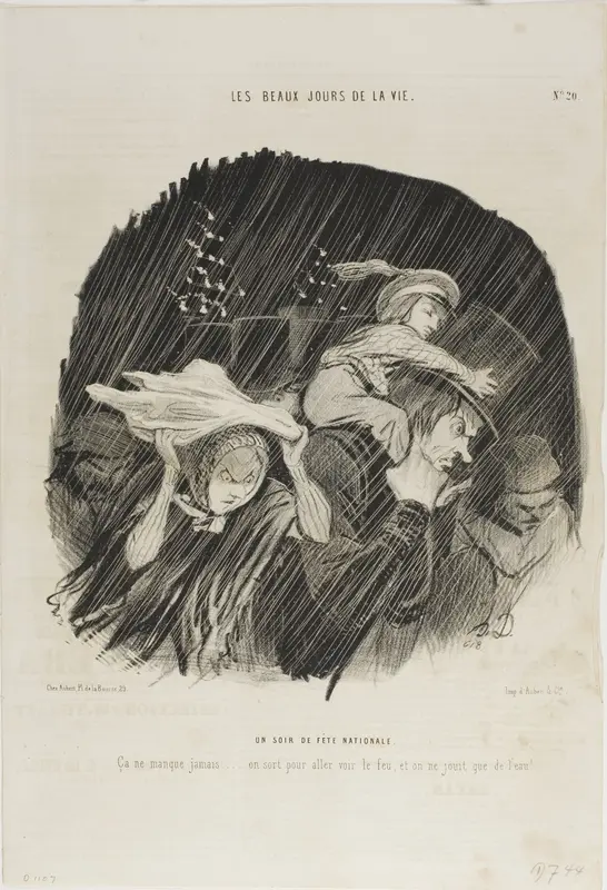 The Evening of the National Holiday. It never fails... you go out to see the fireworks, and all you get is waterworks!, plate 20 from Les Beaux Jours De La Vie