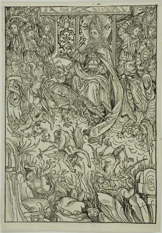 The Fall of Lucifer and the Rebel Angels (verso); The Gathering of the Angels (recto), pages three and two from the Treasury (Schatzbehalter) Wall Art by Michel Wolgemut - High-Resolution Digital Print