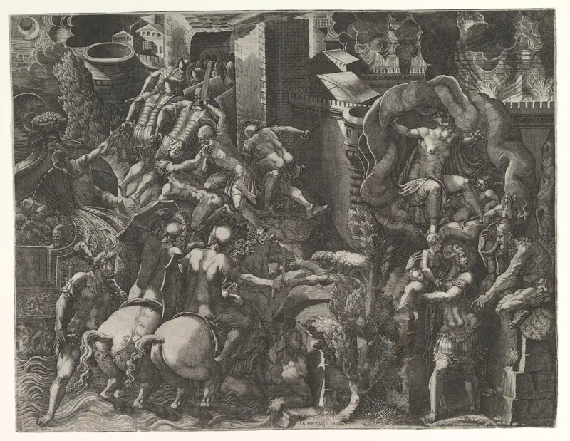 The Fall of Troy and Escape of Aeneas Wall Art by Giorgio Ghisi - High-Resolution Digital Print
