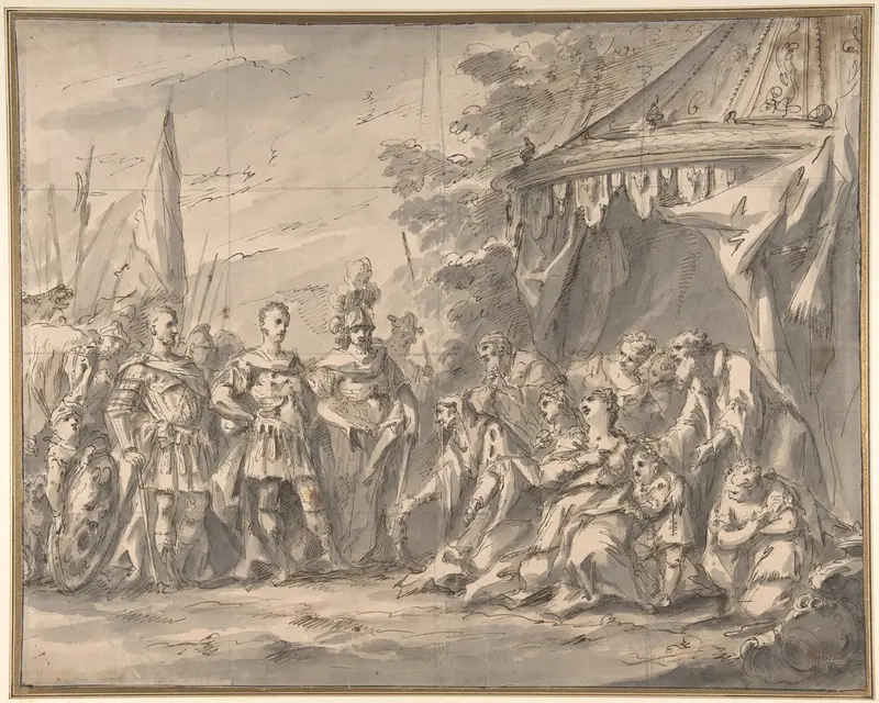 The Family of Darius before Alexander (recto); Sketch of a Horse-Drawn Cart, and Studies of Male Heads and an Infant (verso) Wall Art by Gaspare Diziani - High-Resolution Digital Print