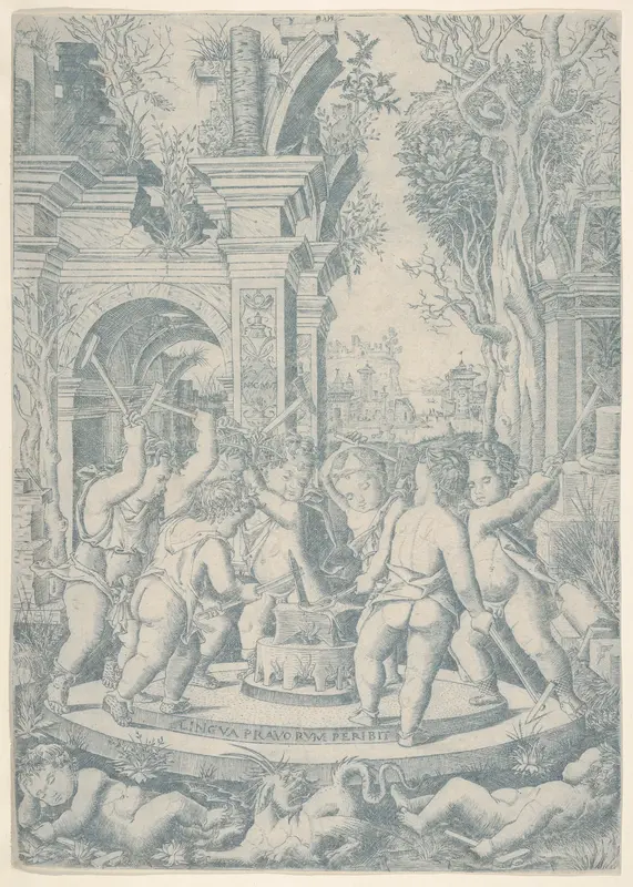 The fate of an evil tongue; seven putti stand around an anvil on which they hammer a tongue, landscape and architecture behind Wall Art by Nicoletto da Modena - High-Resolution Digital Print