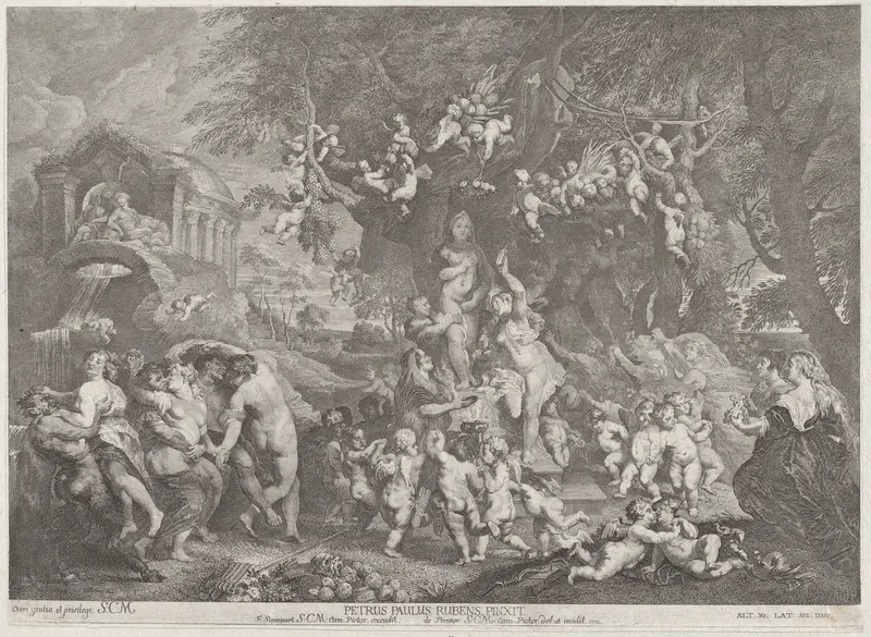 The Feast of Venus, with groups of satyrs, nymphs, and putti dancing around a statue of Venus Wall Art by Anton Joseph von Prenner - High-Resolution Digital Print