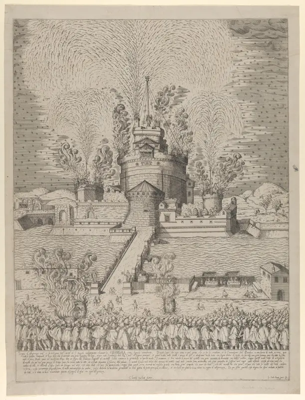 The firework display called 'Girandola' at the Castello Sant'Angelo in Rome Wall Art by Giovanni Ambrogio Brambilla - High-Resolution Digital Print