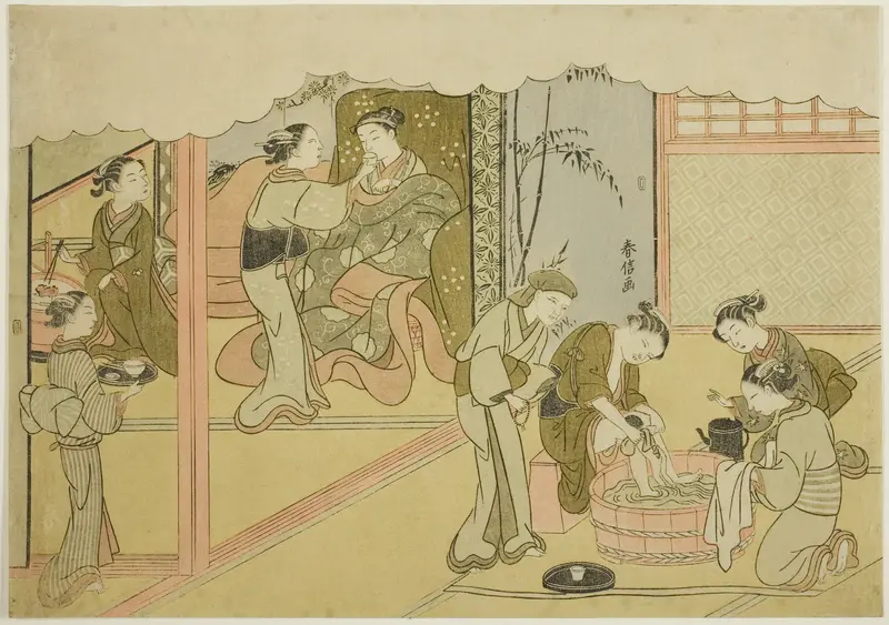 The First Childbirth (Uizan), the seventh sheet of the series "Marriage in Brocade Prints, the Carriage of the Virtuous Woman (Konrei nishiki misao-guruma)"