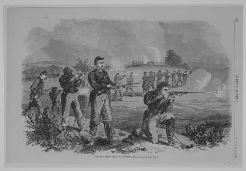 The First Maine Cavalry Skirmishing Wall Art by Alfred Rudolf Waud - High-Resolution Digital Print