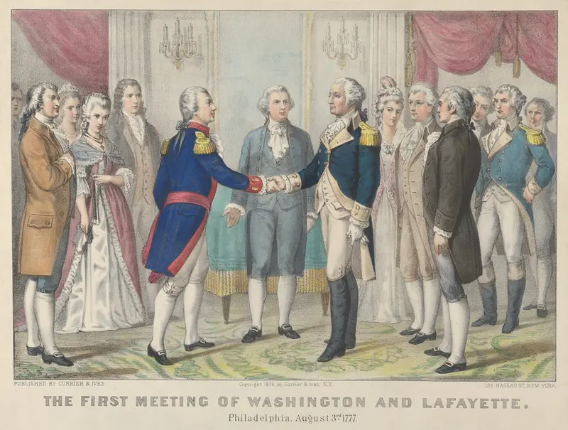The First Meeting of Washington and Lafayette—Philadelphia, August 3rd, 1777 Wall Art by Currier & Ives - High-Resolution Digital Print