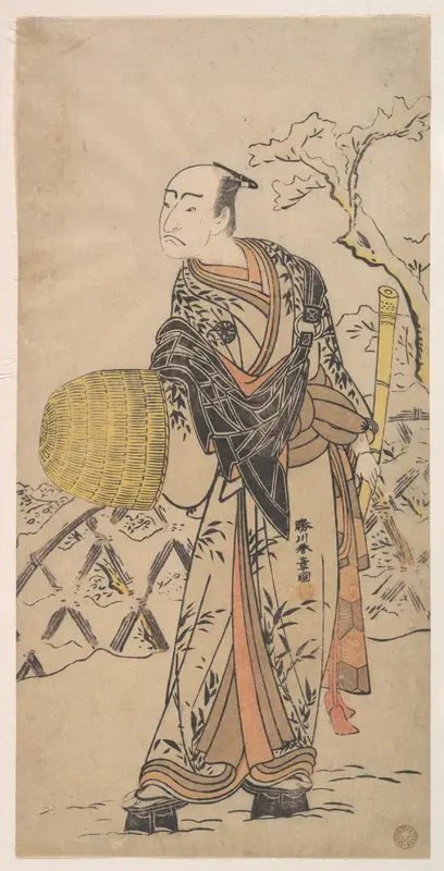 The First Nakamura Nakazo as a Komuso Standing in the Snow by a Fence