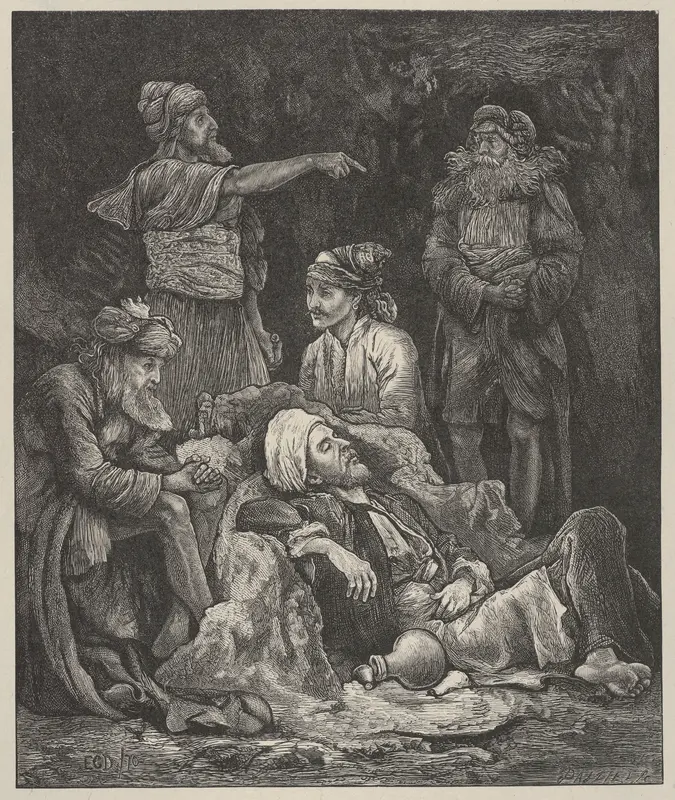 The Five Kings Hiding in the Cave, from "Dalziels' Bible Gallery" Wall Art by Edward Gurden Dalziel - High-Resolution Digital Print