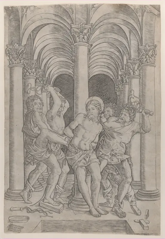 The Flagellation of Christ who is tied to a column at center set within an arcade Wall Art by Giovanni Antonio da Brescia - High-Resolution Digital Print