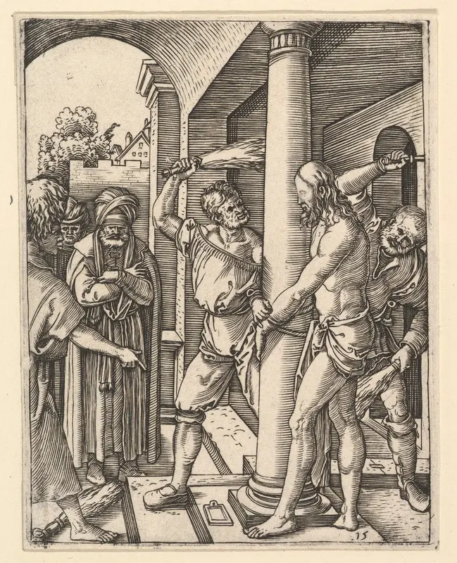 The Flagellation: Pilate stands under archway on left watching two men flagellate figure of Christ tied to column, from "The Passion of Christ", after Dürer