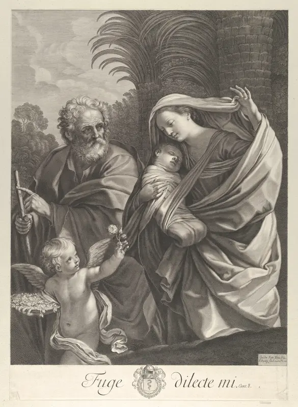 The Flight into Egypt; the Holy Family walking together, Saint Joseph pointing to the left and the Virgin carrying the infant Christ, an angel in front of her offering a flower, after Reni Wall Art by Francois de Poilly - High-Resolution Digital Print