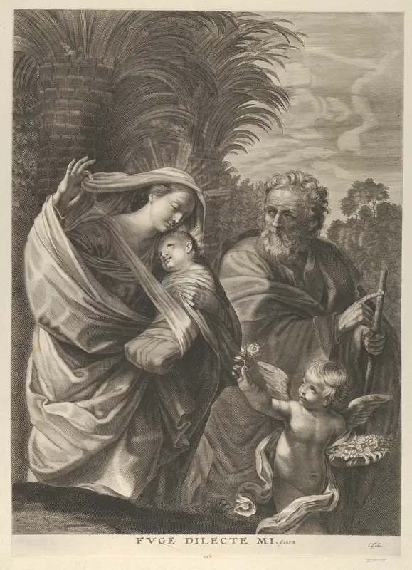 The Flight into Egypt; the Holy Family walking together, Saint Joseph pointing to the right and the Virgin carrying the infant Christ, an angel in front of her offering a flower, after Reni Wall Art by Anonymous - High-Resolution Digital Print