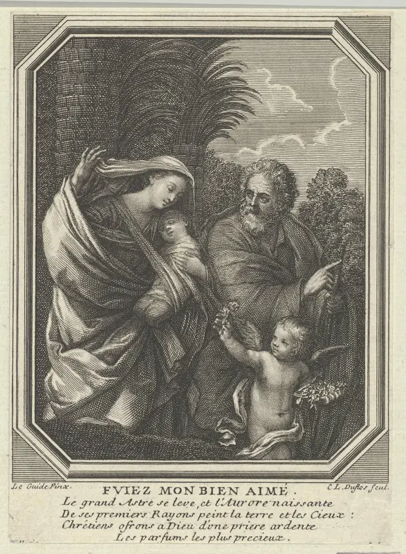 The Flight into Egypt; the holy family walking with the young John the Baptist, trees behind them, in an octagonal frame, after Reni Wall Art by Claude Augustin Duflos le Jeune - High-Resolution Digital Print