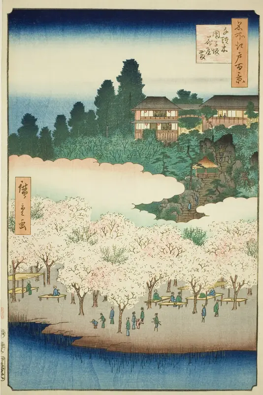 The Flower Pavilion on Dango Slope, Sendagi (Sendagi Dangozaka Hanayashiki), No.16 from the series "One Hundred Famous Views of Edo (Meisho Edo hyakkei)"