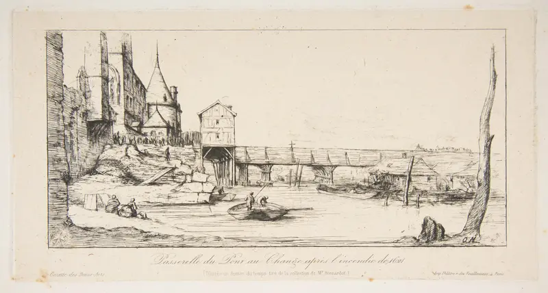 The footbridge temporarily replacing the Pont-au-Change, Paris, after the fire of 1621, after della Bella Wall Art by Charles Meryon - High-Resolution Digital Print