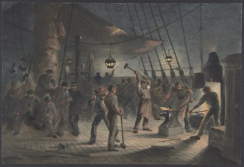 The Forge on Deck, Night of August 9th: Preparing the Iron Plating for Capstan Wall Art by Robert Charles Dudley - High-Resolution Digital Print