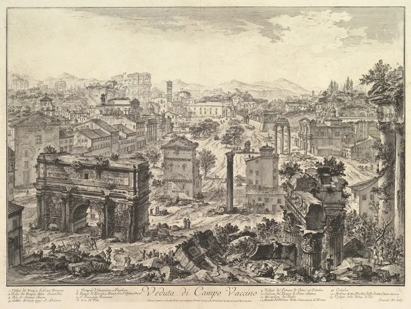 The Forum Romanum, or Campo Vaccino, from the Capitol, with the Arch of Septimius in the foreground left, Temple of Vespian right, and the Colosseum in the distance (Veduta di Campo Vaccino)