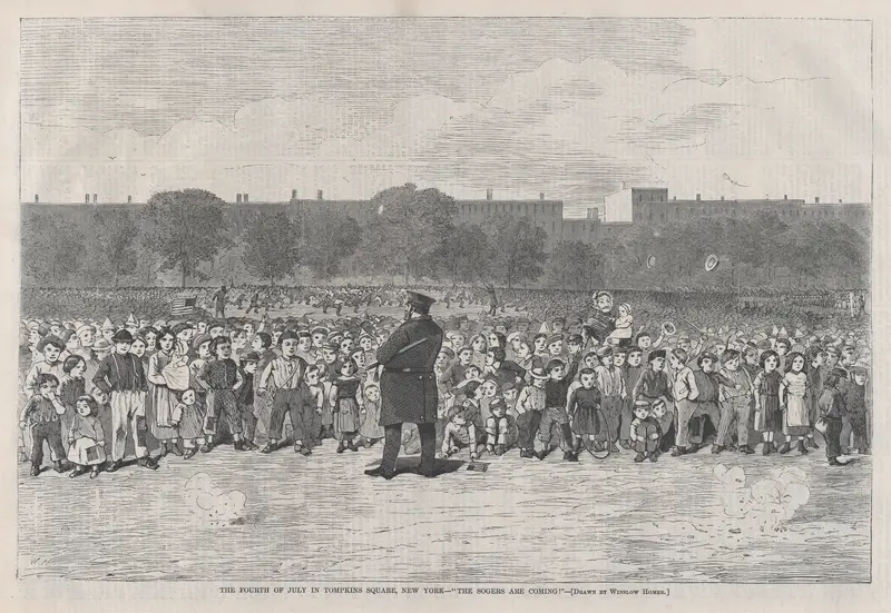 The Fourth of July in Tompkins Square, New York – "The Sogers Are Coming" (from "Harper's Bazar: A Repository of Fashion, Pleasure and Instruction," Vol. I) Wall Art by Winslow Homer - High-Resolution Digital Print