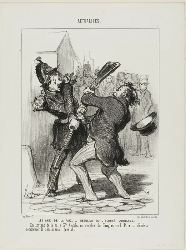 The Friends of Peace - Result of a Speech By Coquerel. On leaving the ward of Saint Cécilia, a member of the peace congress decided to start general disarmament, plate 7 from Actualités